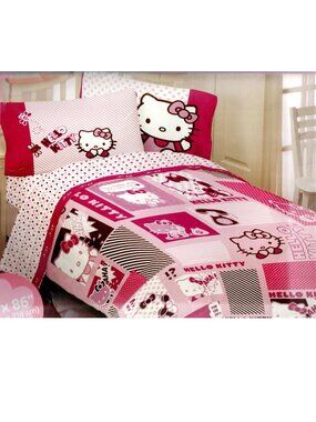 NEW~TWIN sz~vtg Sanrio Hello Kitty cat pink Comforter+Sheet set~4pc Cotton Rich
